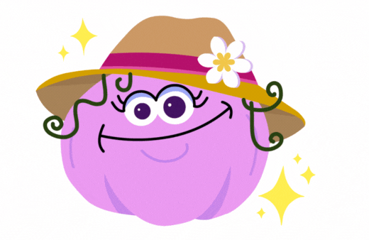 A lavender cartoon character with a straw hat, Shawn Dean.
