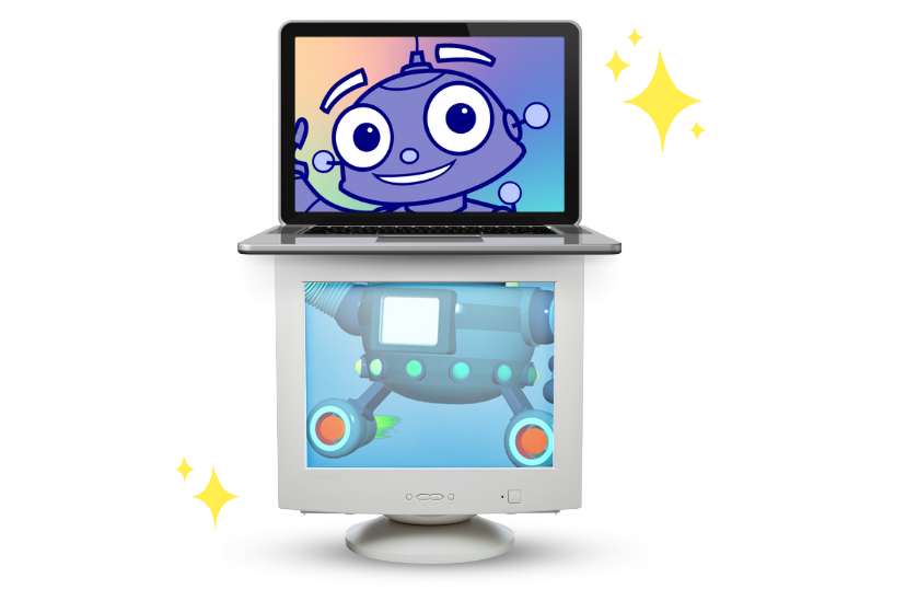 Modern laptop placed on top of older monitor with images of Booster the robot on each.