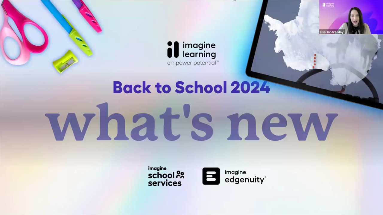 School supplies including a pair of scissors, a sharpener, and two pens and a tablet surrounding the text "Back to School 2024: What's New."